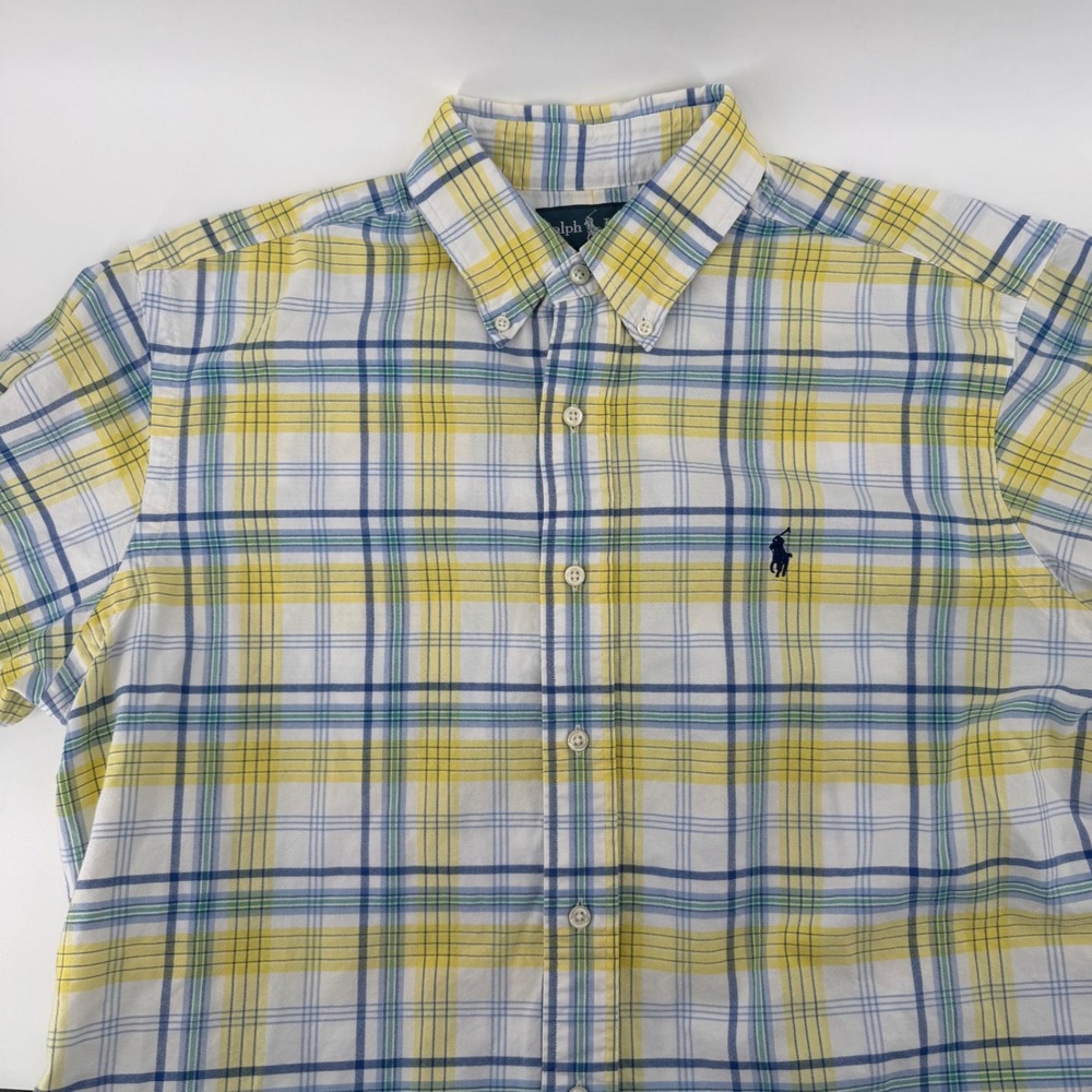 Ralph Lauren Shirt Mens L Yellow Blue Plaid Classic Fit Short Sleeve Button Down